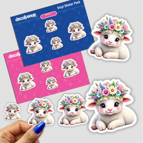 Adorable Lamb Adorned with a Blooming Floral Crown sticker, featuring a cartoon lamb with a vibrant floral headpiece. Perfect for adding whimsical charm to any space.