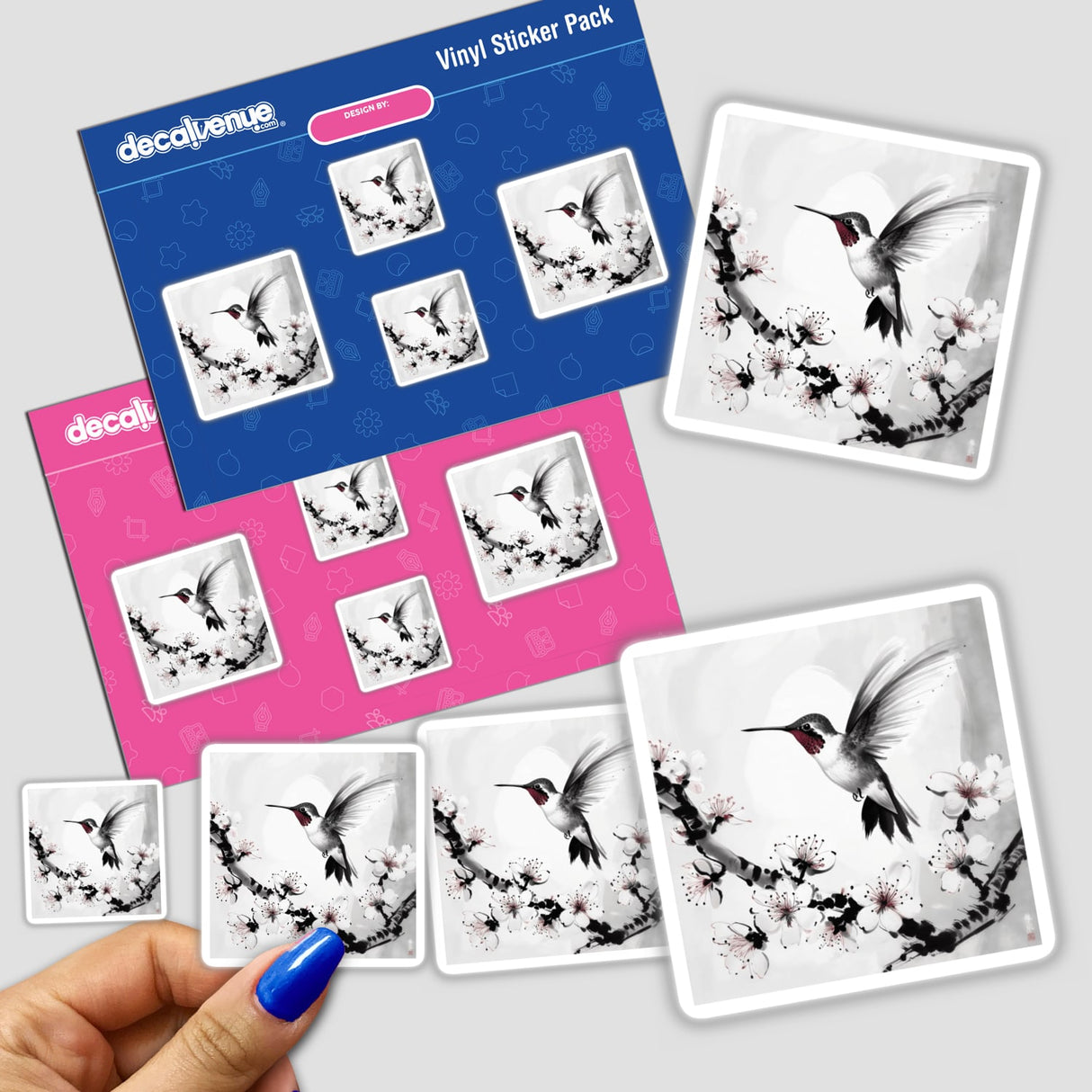 Sumi-e Hummingbird in Flight Over Plum Blossoms Japanese Ink Art showcases a delicate hummingbird elegantly soaring beside plum blossoms, available as stickers or digital artwork from Decal Venue.