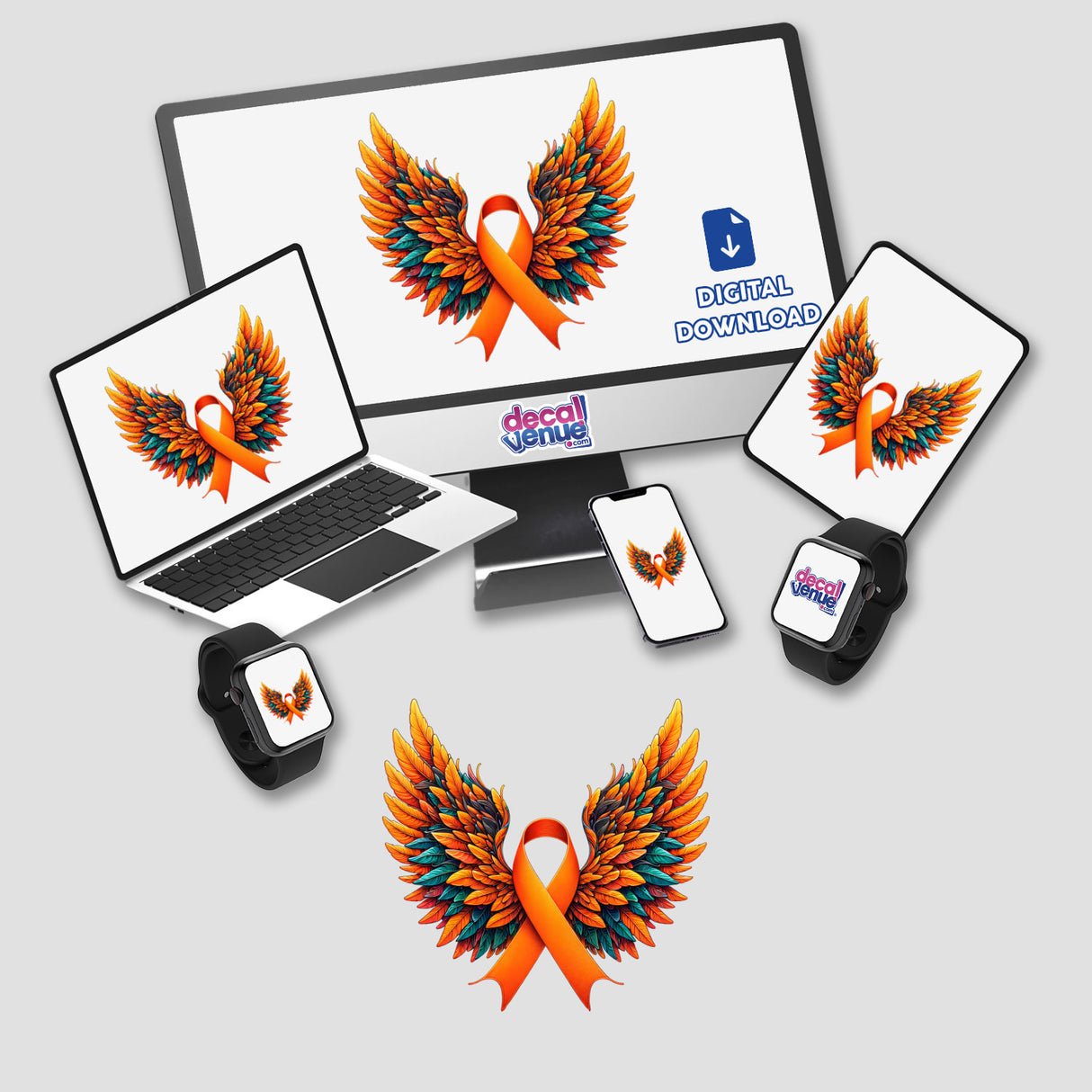 Orange Awareness Ribbon with Wings depicted on a laptop and smartwatch screen, available as stickers or digital artwork, emphasizing unique vinyl designs from Decal Venue.