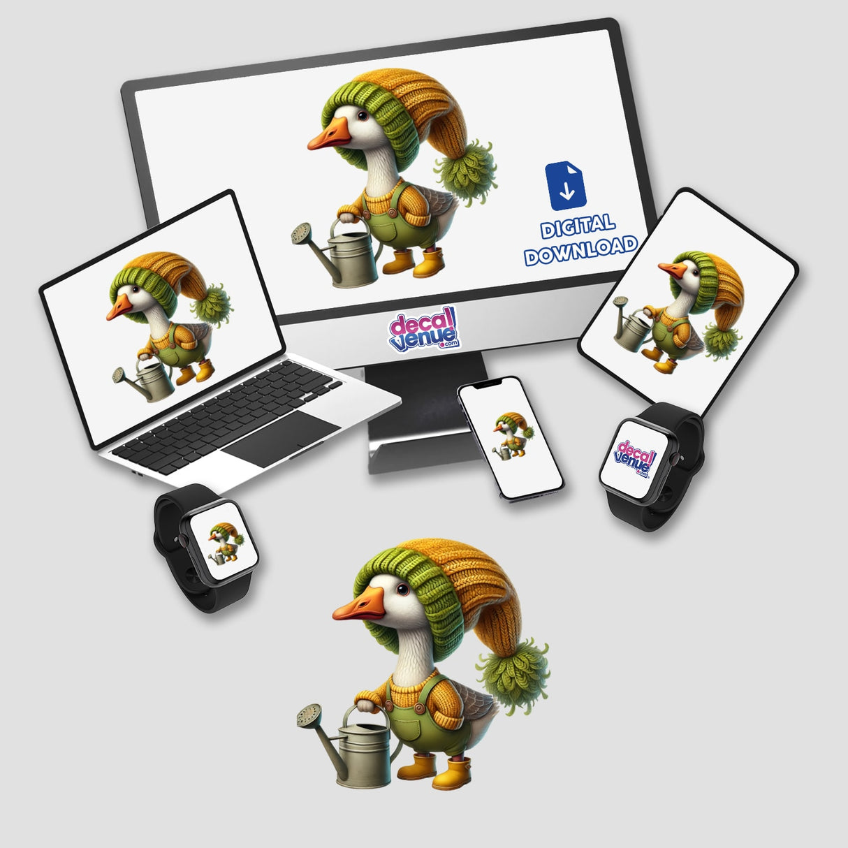 Goose Gnome with Watering Can: A cartoon duck holding a watering can displayed on various devices, available as stickers or digital artwork.