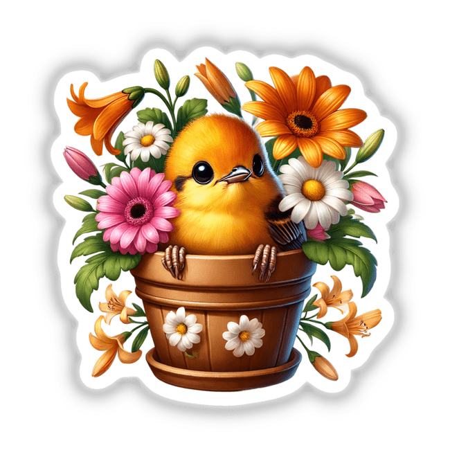 Oriole Bird Peeking Out of Flower Pot