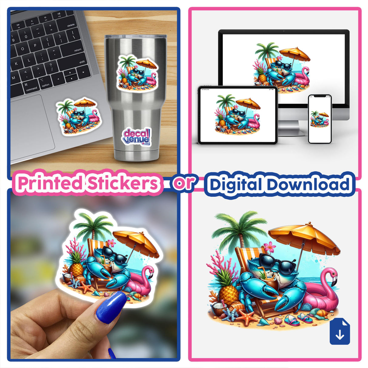 Tropical Blue Crab on Beach Sipping Drink sticker shown on a laptop, tumbler, and digital screens; features a cartoon crab with tropical elements like a palm tree and coconut drink.