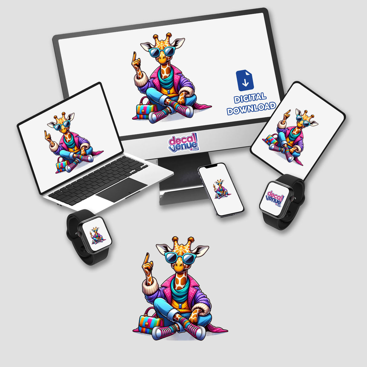 Fashionable Giraffe stickers or digital art featuring a giraffe in sunglasses and a coat, displayed on a laptop and monitor.