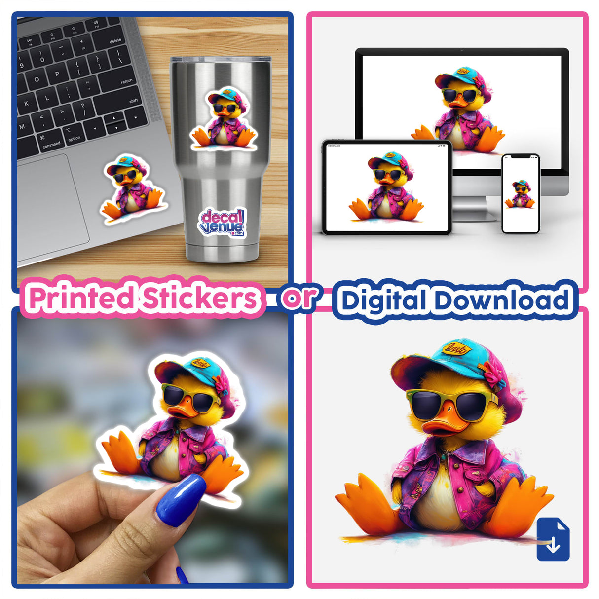 Collage featuring a laptop adorned with a Hipster Duck Sunglasses sticker, showing a cartoon duck with a hat and sunglasses. A hand holds the same sticker, emphasizing its design and detail.