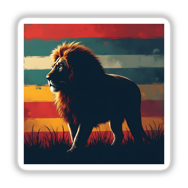 Lion silhouette with striking color stripes, featuring a majestic lion standing in grass. Available as stickers or digital artwork.
