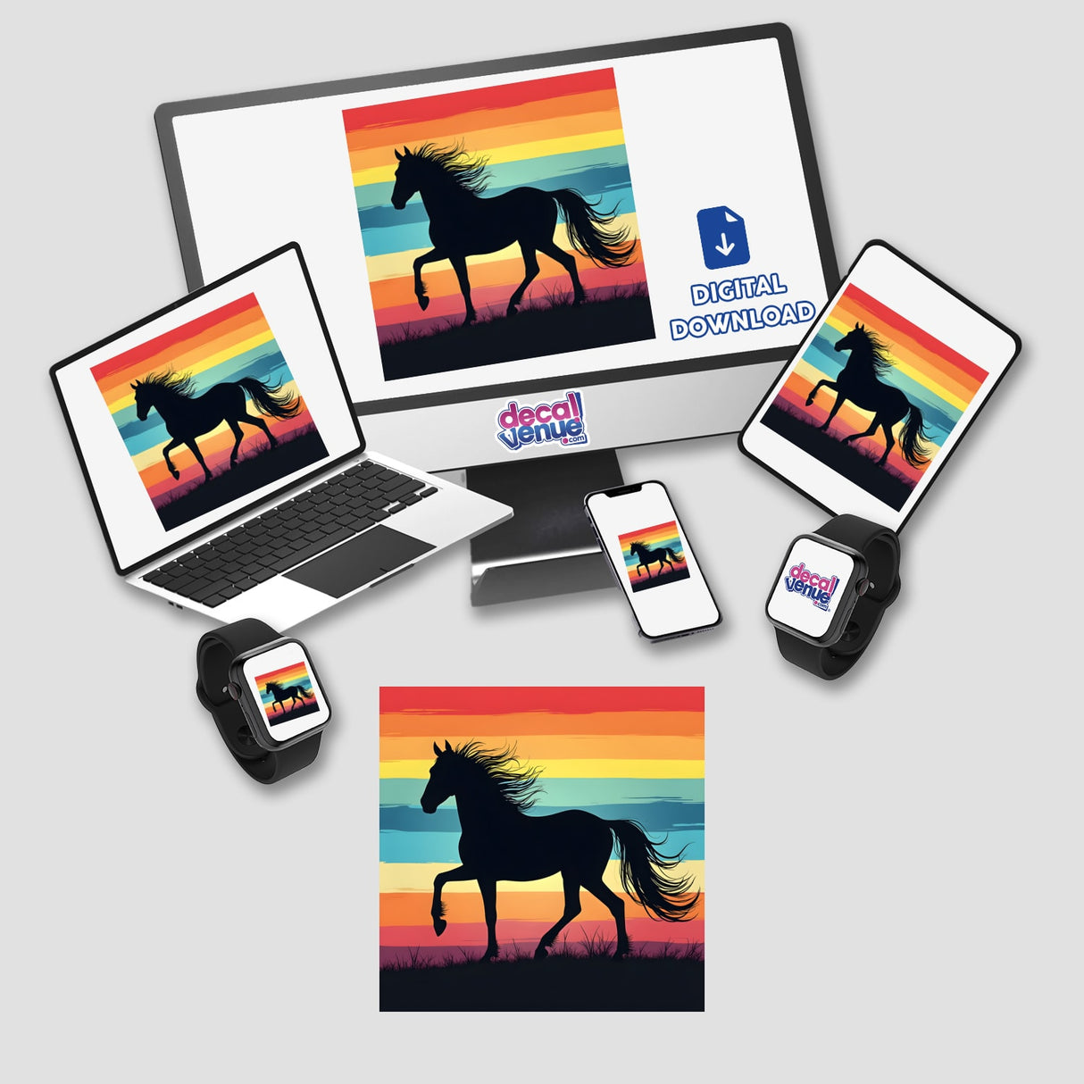 Horse Silhouette with Dynamic Color Stripes displayed on various screens, including a laptop and a computer monitor, available as stickers or digital artwork.