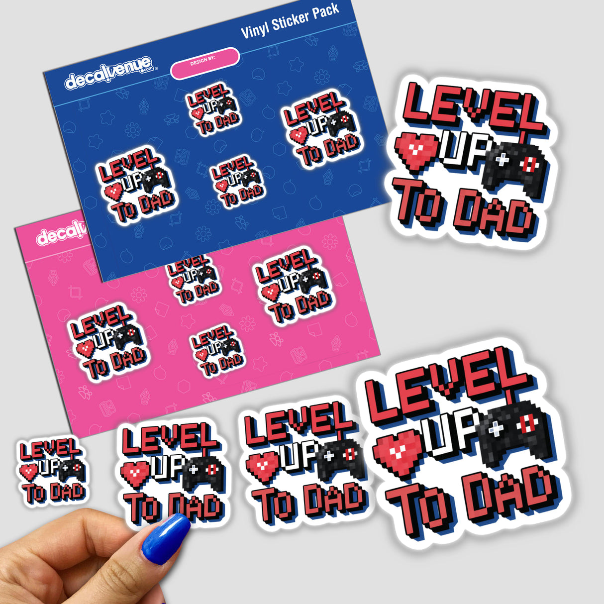 Level Up To Dad stickers featuring video game controllers and characters, perfect for personalizing surfaces, available as physical stickers or digital artwork.