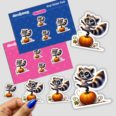 Sticker featuring a cartoon raccoon standing on a pumpkin, available as a sticker or digital artwork from Decal Venue.