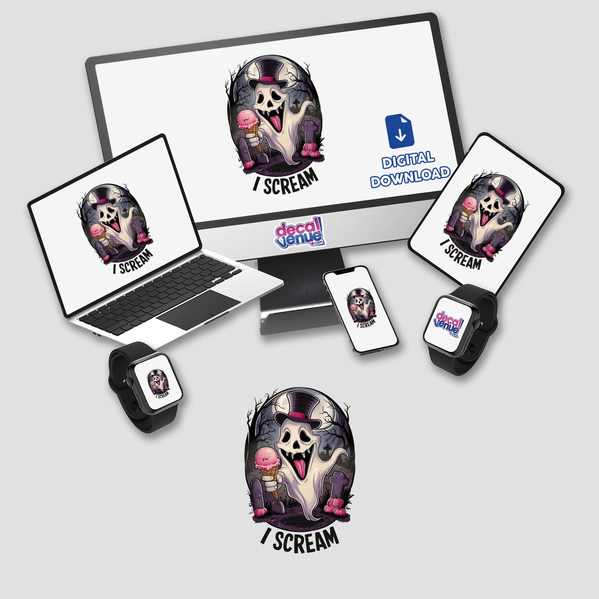 Spooky ghost mask design with "I Scream" text, featuring a haunting visual across digital devices like laptop, phone, and watch from the Decal Venue store.