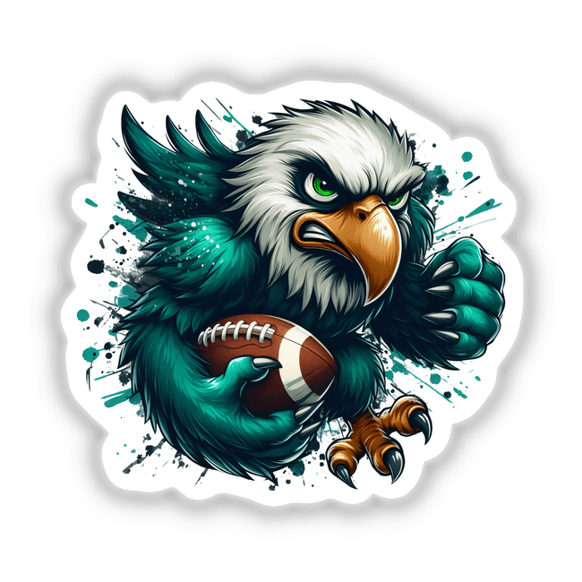 Angry Eagle with Football illustration shows a fierce bird gripping an American football, perfect as stickers or digital art from Decal Venue, known for unique vinyl designs.