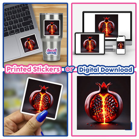 Collage highlighting Volcanic Fruit Lava Flow Inside a Pomegranate, featuring close-ups of pomegranate segments and digital depictions. Available as stickers or digital artwork from Decal Venue.