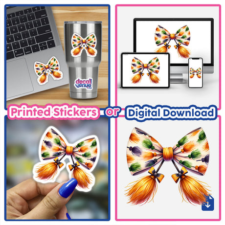 Collage featuring Witch Broom Pattern Coquette Bow stickers on various surfaces including a cup, laptop, and phone, highlighting the detailed design and versatility of the stickers.