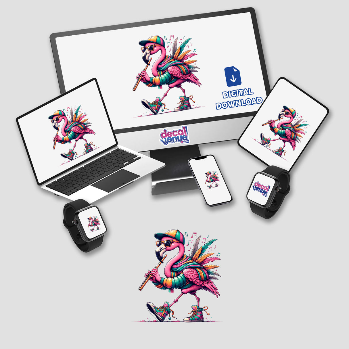 Stylish Flamingo Playing the Flute