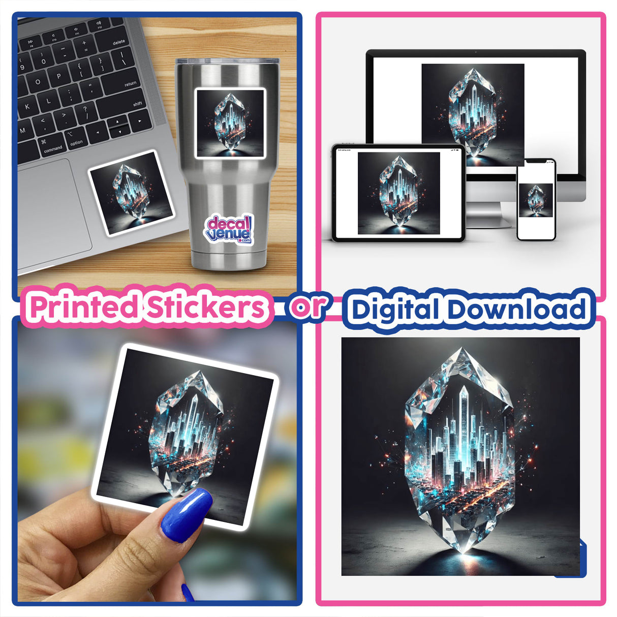 City of Glass Urban Skyline Inside a Crystal: A collage depicting a diamond, laptop, and urban skyline within a crystal, available as stickers or digital artwork from Decal Venue.