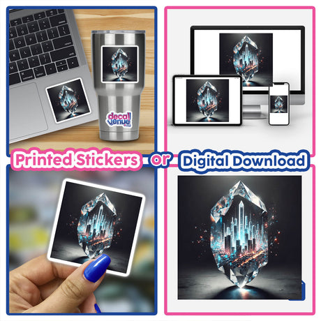 City of Glass Urban Skyline Inside a Crystal: A collage depicting a diamond, laptop, and urban skyline within a crystal, available as stickers or digital artwork from Decal Venue.
