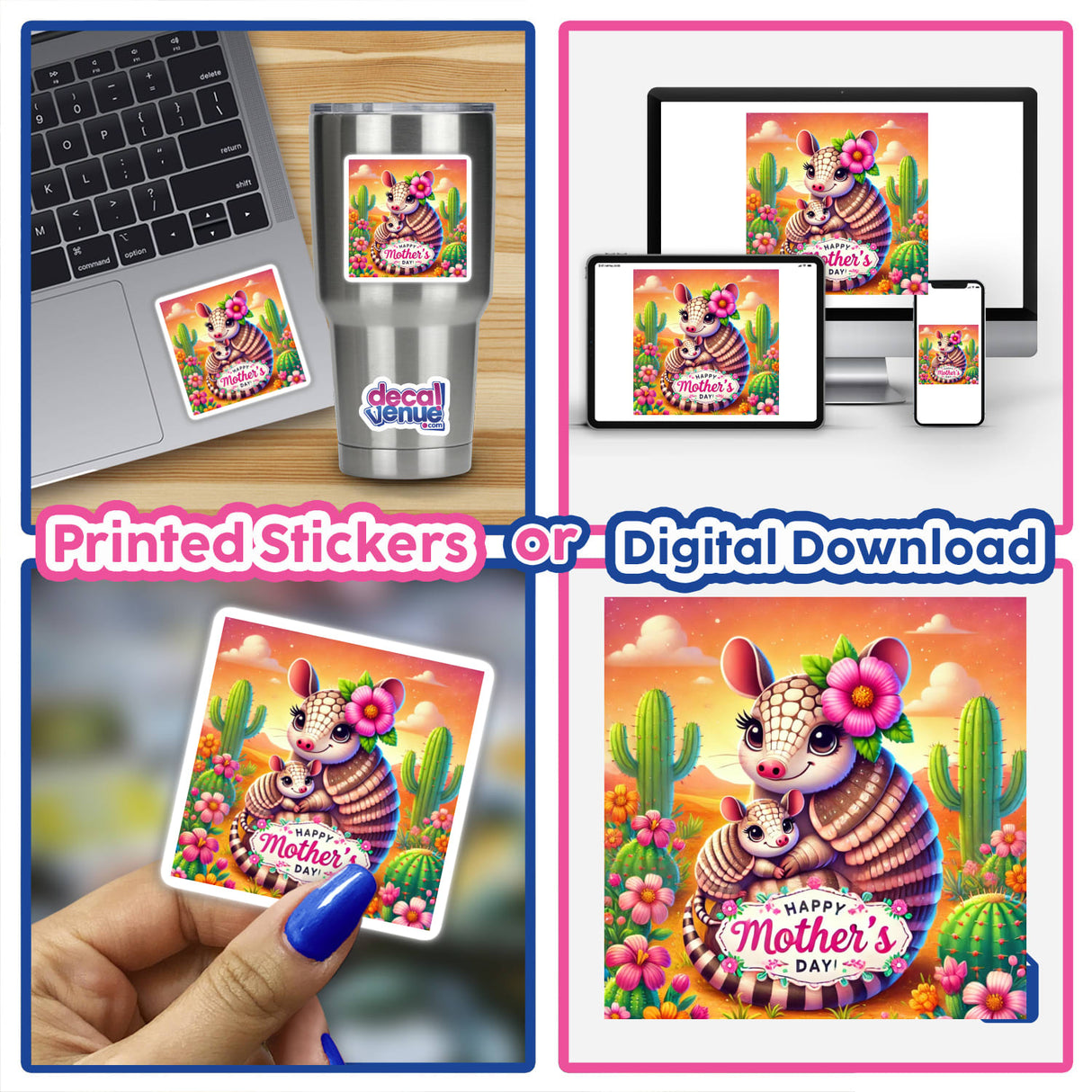 Sticker collage featuring Armadillo With Baby Happy Mothers Day With Cactus, showcasing a mother and baby armadillo, ideal for unique Mother's Day gifts in sticker or digital art format.