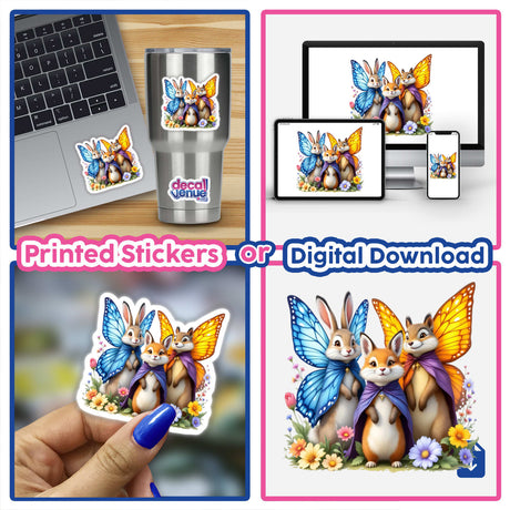 Anthropomorphic Animals with Butterfly Wings as Capes depicted in a vibrant collage of cartoon rabbits, butterflies, and flowers, available as unique vinyl stickers or digital artwork.