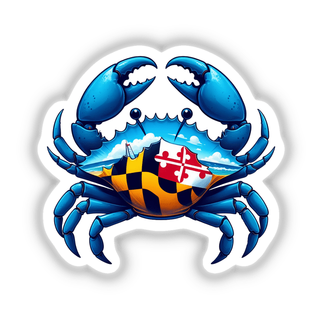 Maryland Blue Crab illustration with a seaside scene and Maryland flag pattern on its carapace, designed as a sticker or digital artwork from Decal Venue.