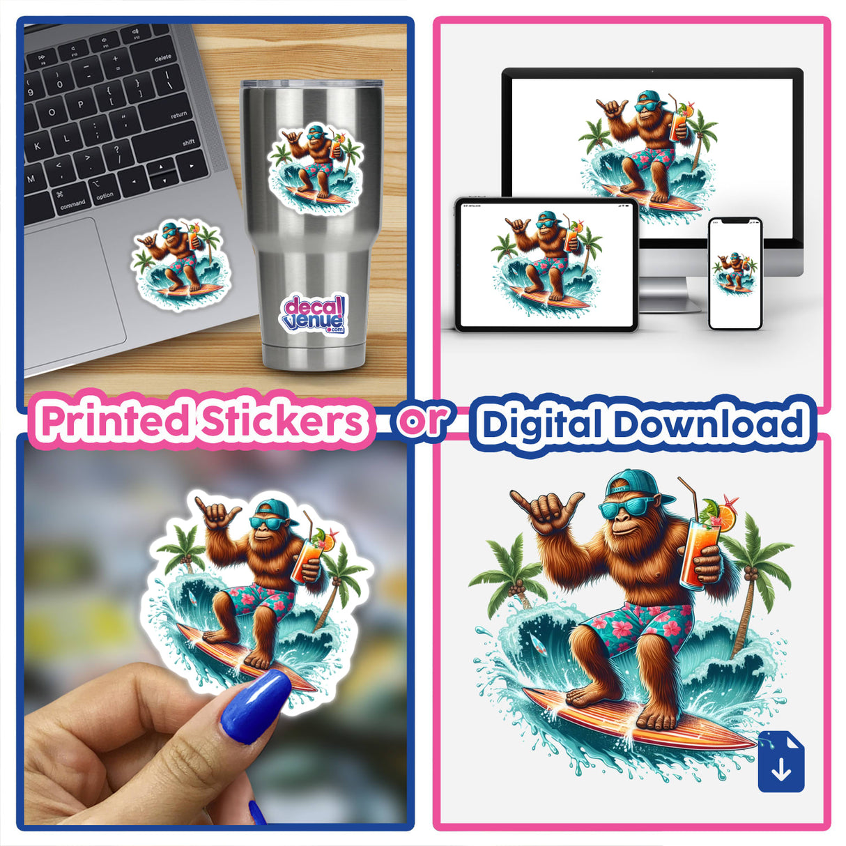 Surfing Tropical Beach Sasquatch design available as stickers or digital artwork, featuring a whimsical Sasquatch surfing on ocean waves, ideal for lovers of unique vinyl decals and digital art.