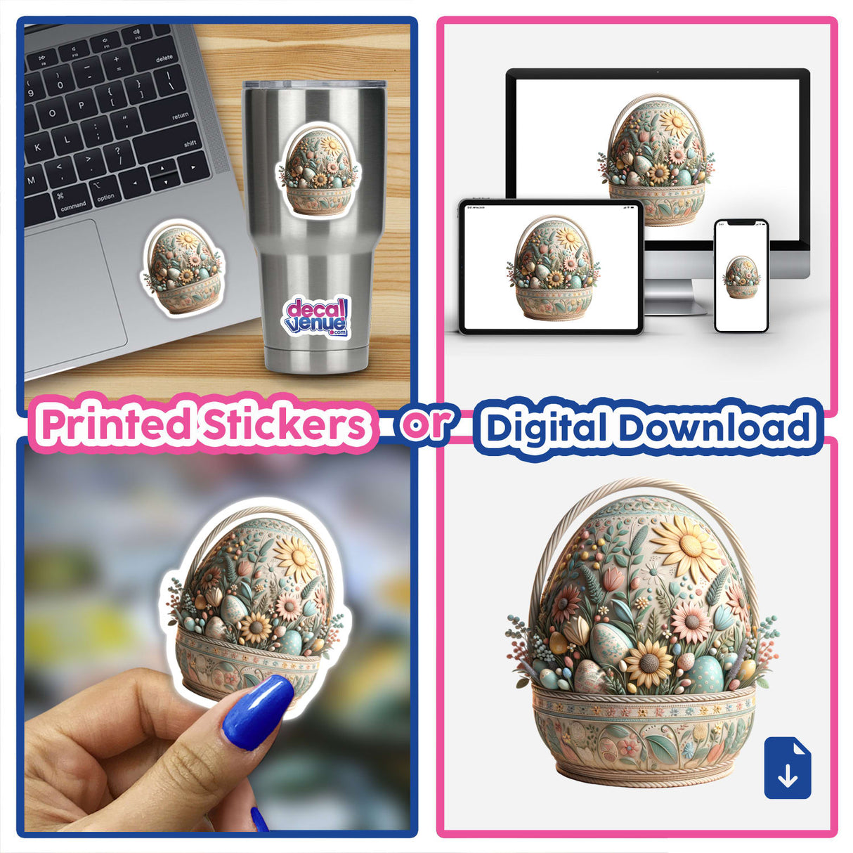Collage featuring the Intricately Designed Easter Egg Basket with Floral Art sticker on a laptop, highlighting its detailed floral motifs and egg design, available as a sticker or digital artwork.