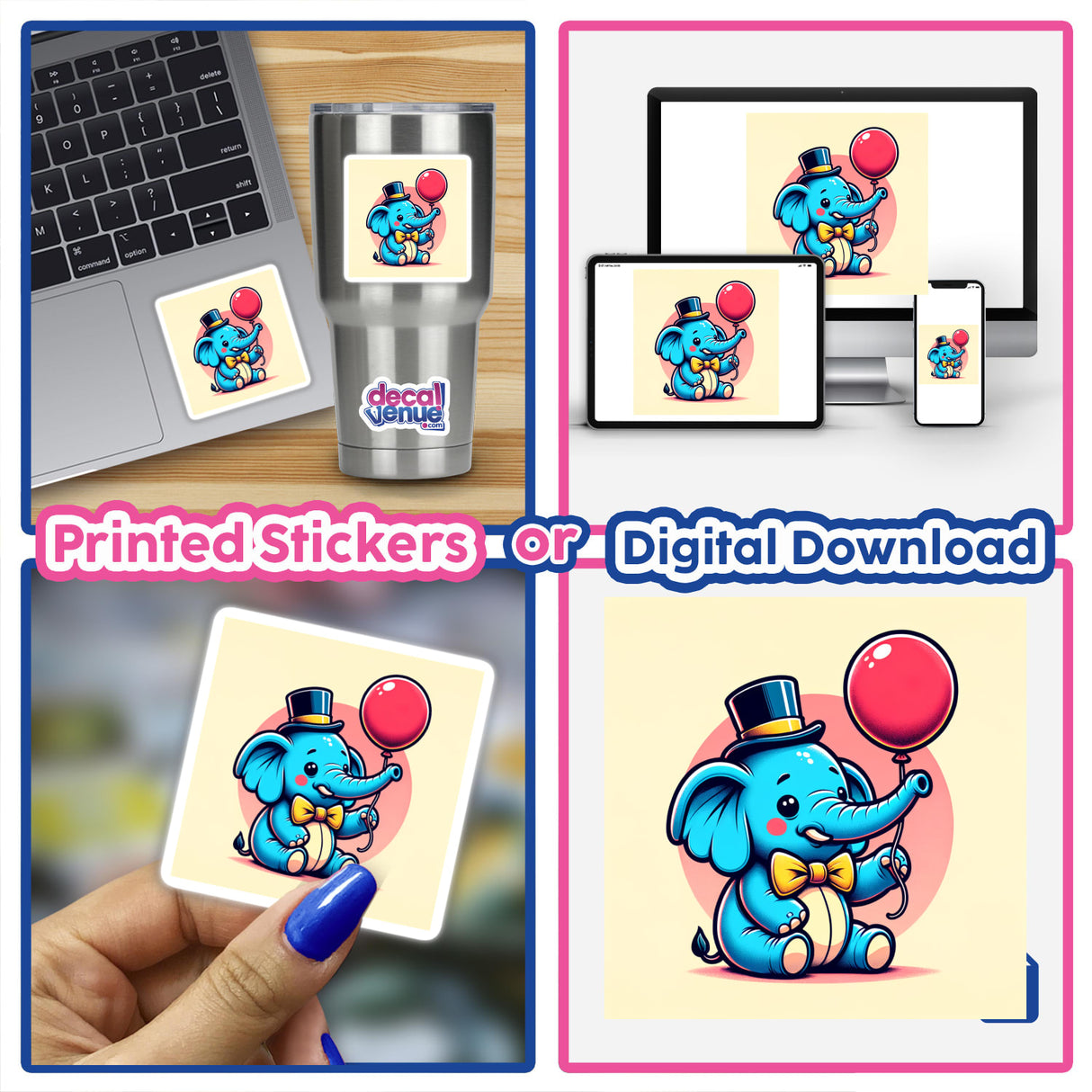 Friendly Elephant with Balloon and Bow Tie stickers, featuring a charming cartoon elephant holding a balloon, ideal for laptops or mugs, available as stickers or digital artwork.