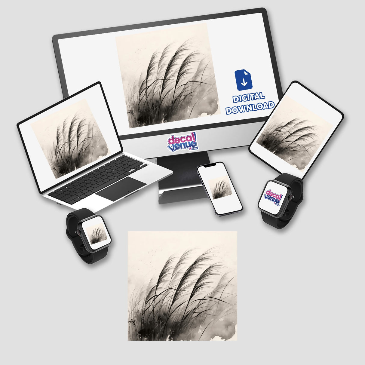 Sumi-e Wind Through Pampas Grass Traditional Japanese Ink artwork available as stickers or digital art, showcasing fluid ink strokes capturing the elegance of swaying pampas grass, ideal for unique decor.