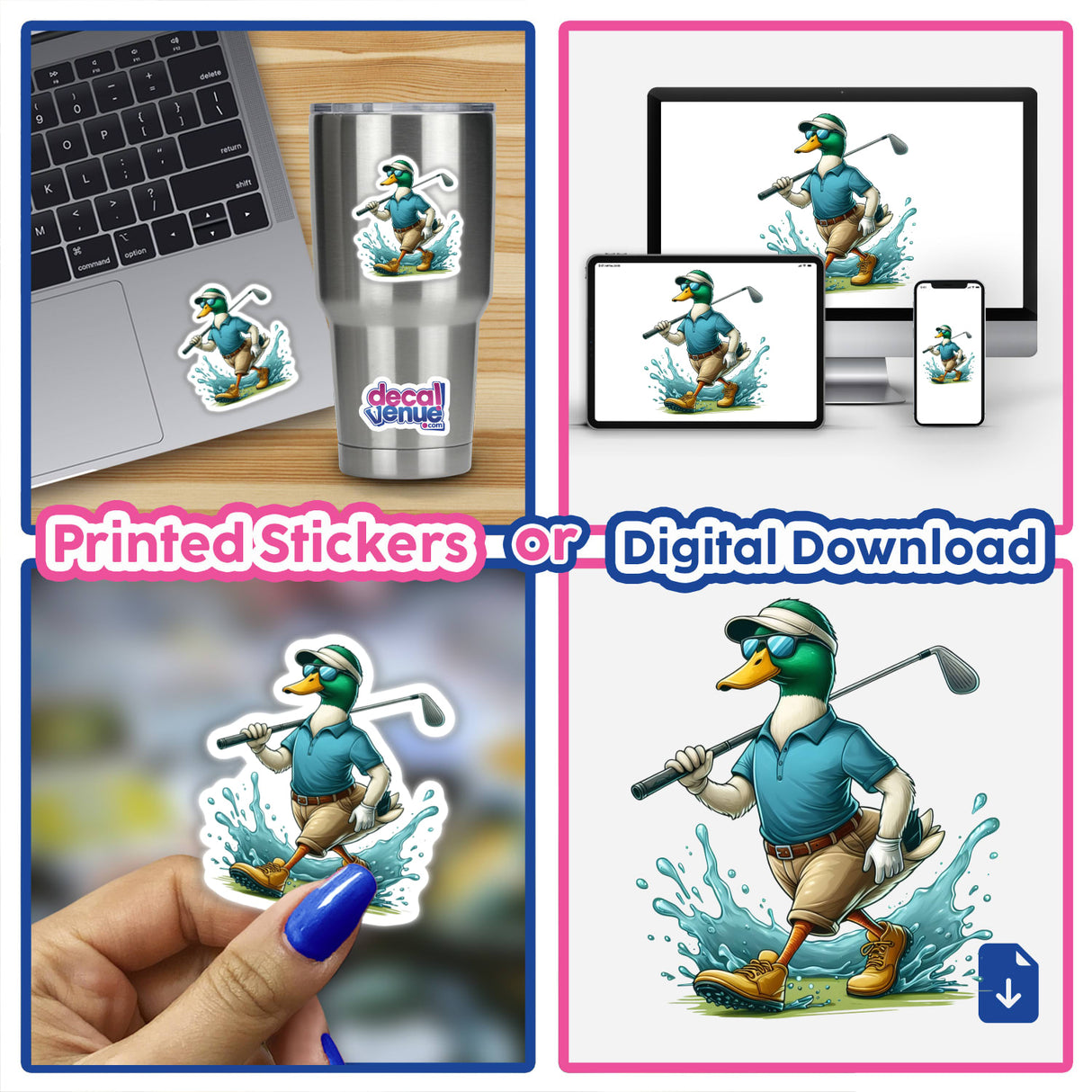 Confident Mallard Duck Golfer: Cartoon duck in a golf outfit holding a club, available as unique vinyl stickers or digital artwork from Decal Venue.