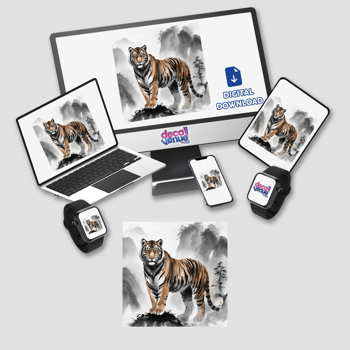 Tiger in Misty Mountains Sumi-e Ink Wash Artwork featuring a majestic tiger amidst ethereal mountain landscapes. Available as stickers or digital artwork, embodying Decal Venue's unique artistic offerings.