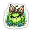 Cartoon pumpkin with a bow and glitter leopard face, named Glitter Leopard Bow Green Grouch Pumpkin Face, available as stickers or digital artwork.