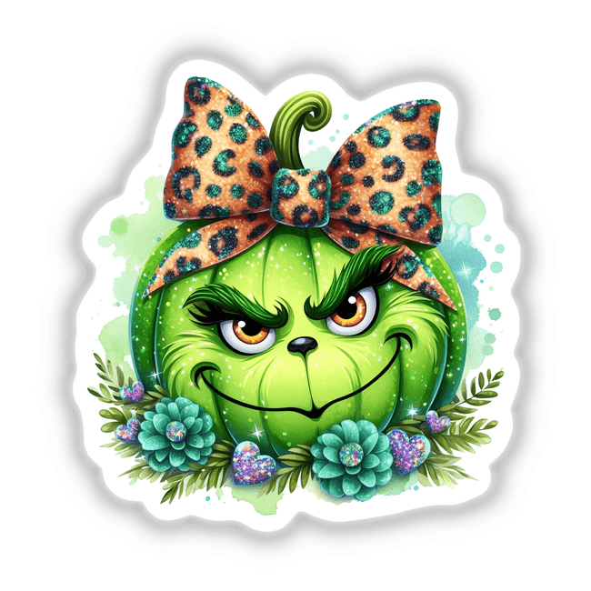 Cartoon pumpkin with a bow and glitter leopard face, named Glitter Leopard Bow Green Grouch Pumpkin Face, available as stickers or digital artwork.