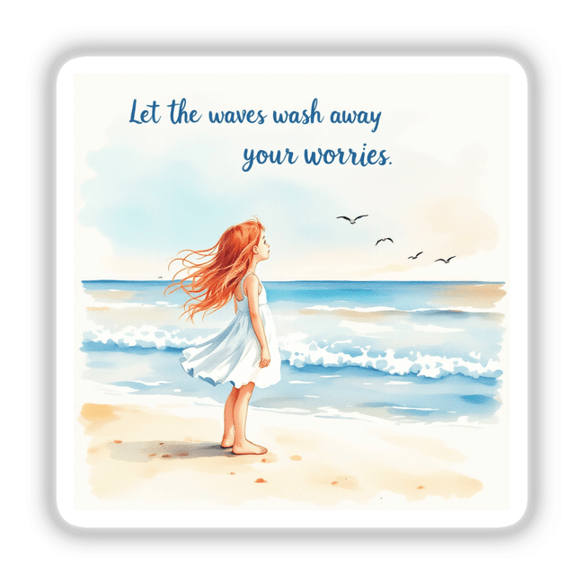 Young Girl on a Sandy Beach – “Let the waves wash away your worries”: A serene watercolor of a girl in a white dress, standing on a beach, available as stickers or digital artwork.