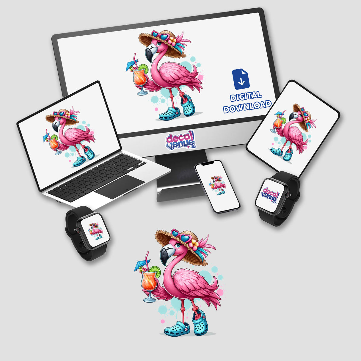 Ready for Summertime Beach Flamingo sticker or digital artwork featuring a playful flamingo design, perfect for summer-themed decor. Available from Decal Venue's unique collection.