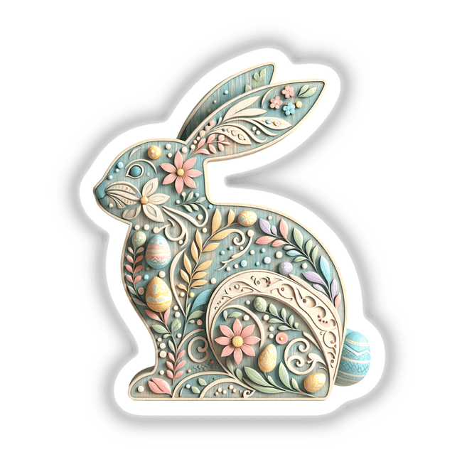 Intricately Designed Easter Bunny with Flowers, featuring a carved bunny amidst floral and egg motifs, ideal as stickers or digital downloads for springtime charm. Perfect for enhancing Easter decorations.