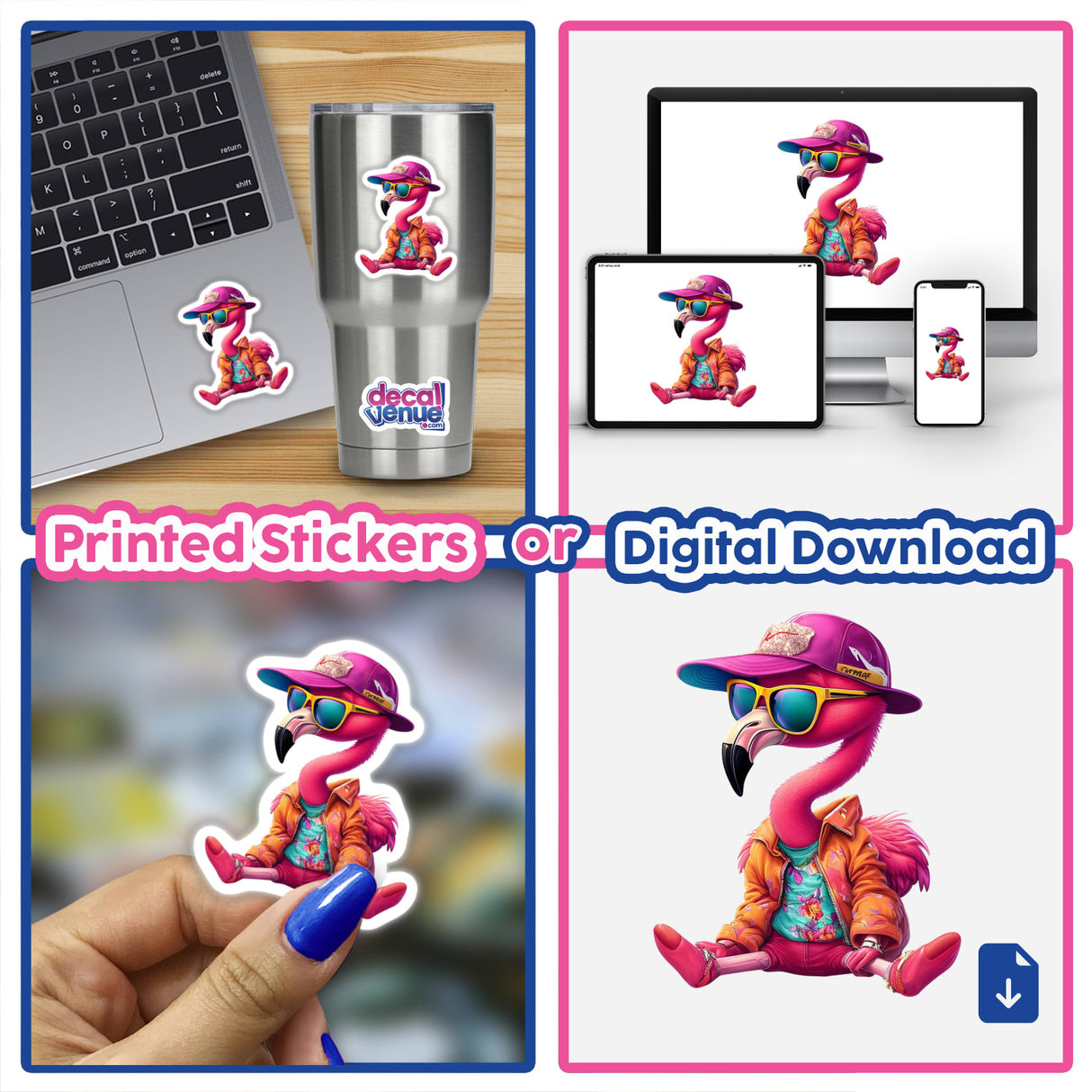 Stylish Flamingo stickers featuring a cartoon flamingo in hat and sunglasses, shown on laptops, cups, and held in hand. Available as stickers or digital artwork.