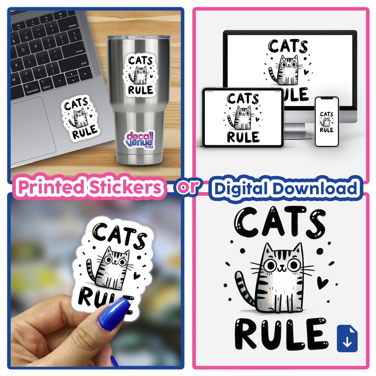 Collage of 'Cats Rule' stickers and digital artwork featuring a cat with text, shown on a laptop and held in hand.