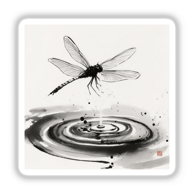 Dragonfly Over Water Sumi-e Japanese Watercolor Scene depicting a serene dragonfly hovering over rippling water, available as unique stickers or digital artwork from Decal Venue.