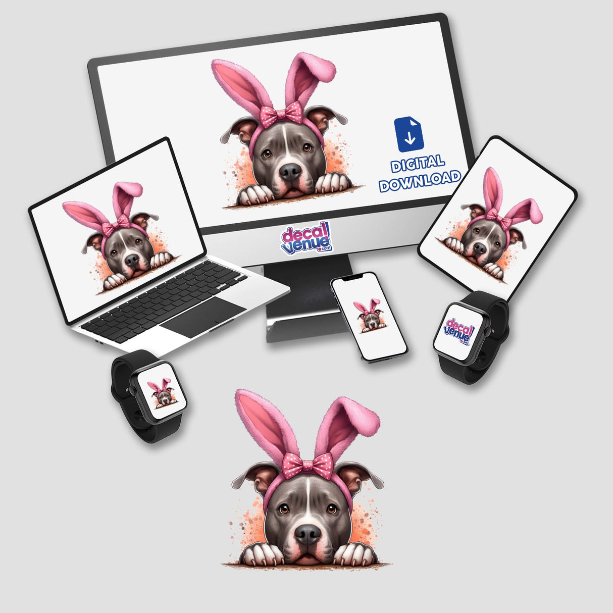 Pink Bunny Ears Peeking Pitbull design displayed on a computer monitor and laptop, showcasing a cartoon-style pitbull with pink bunny ears. Available as stickers or digital artwork.