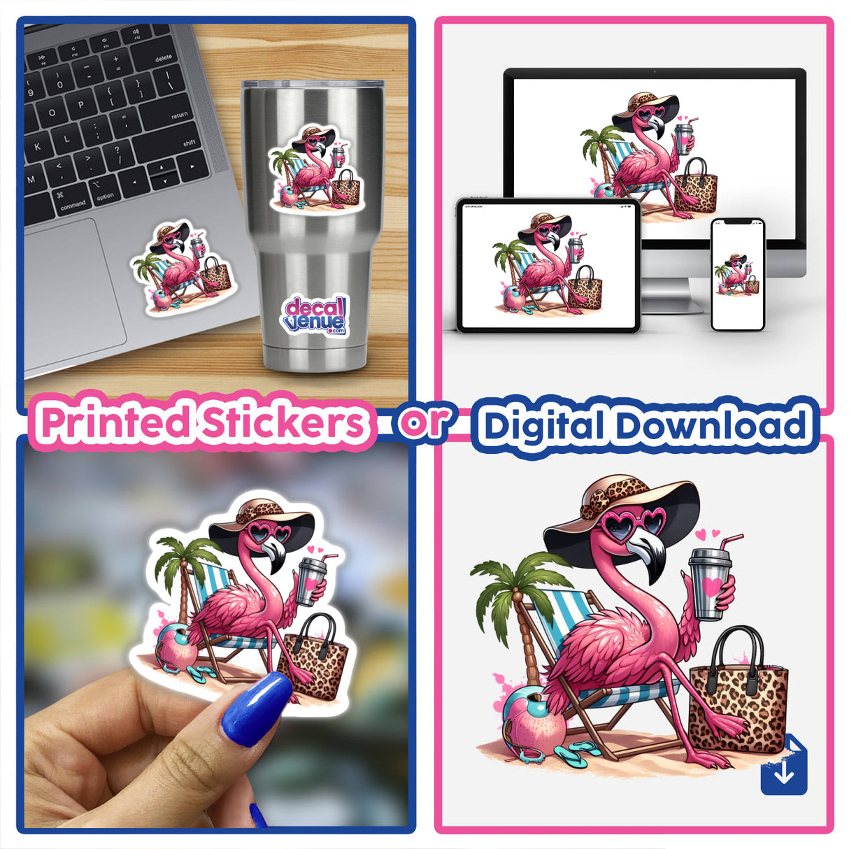 Collage showcasing Sassy Leopard Accent Flamingo Bird at Beach on laptops and stickers, highlighting its playful design as part of Decal Venue's unique vinyl stickers and digital art offerings.