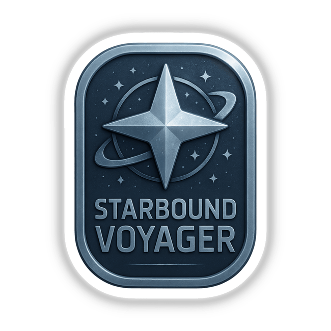 Starbound Voyager – RPG-Style Skill Badge (Silver Cosmic Badge) featuring intricate celestial designs, available as stickers or digital artwork, exemplifying Decal Venue's unique vinyl and digital art offerings.