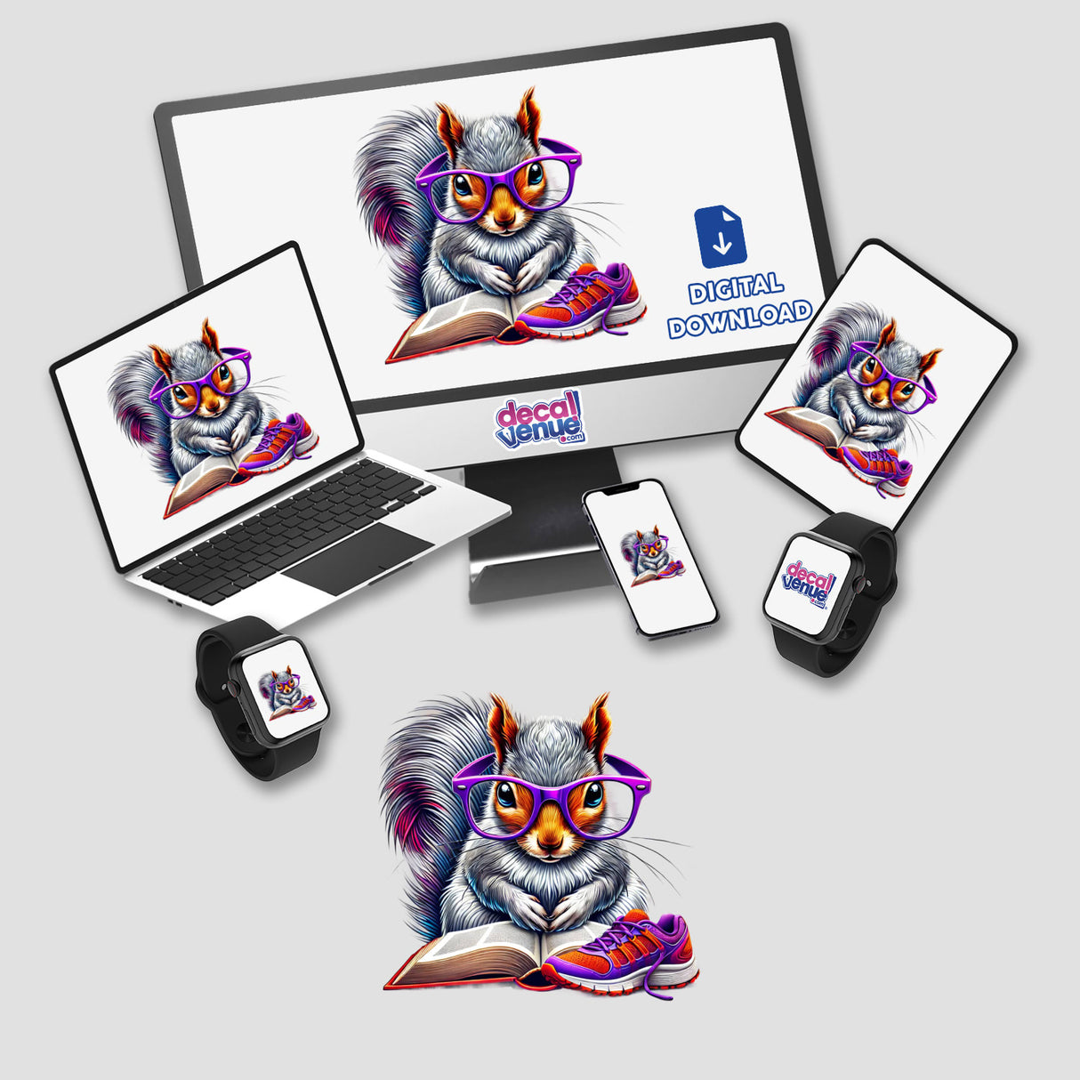Squirrel Reading a Book with Purple Glasses and Running Shoe depicted on laptop and monitor screens, available as stickers or digital artwork at Decal Venue.
