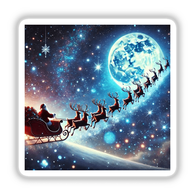 Starlit Sleigh - Santa’s Sleigh Flying Across a Starry Sky: Santa Claus rides a sleigh pulled by reindeers, soaring through a night sky. Available as stickers or digital artwork.