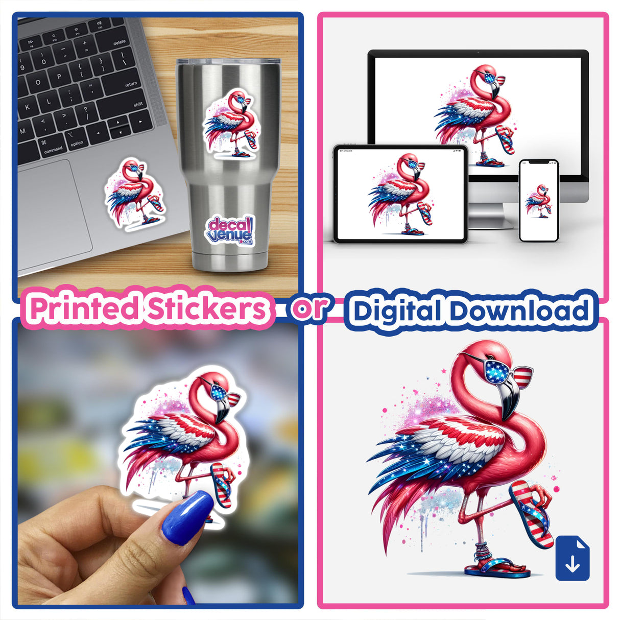 Sassy American Flag Sparkle Flamingo Bird depicted as a vibrant sticker or digital artwork, showcasing a flamboyant flamingo adorned with patriotic elements, embodying Decal Venue's unique flair.