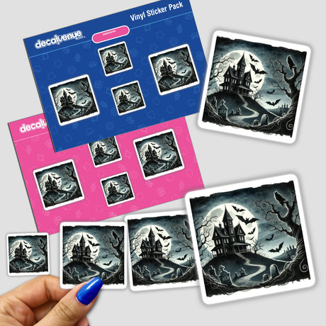 Hand holding Spooky Night - Haunted House and Bats Watercolor stickers featuring a castle and bats. Available as stickers or digital artwork from Decal Venue.