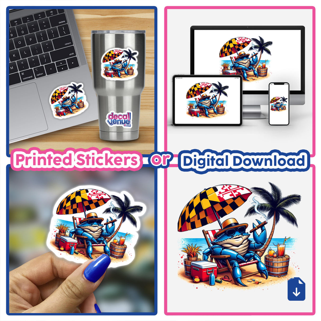 Maryland Summer Blue Crab in Beach Chair Smoking Cigar, depicted as a vibrant sticker or digital artwork, showcasing a whimsical scene of a crab in a beach chair, perfect for unique decor.