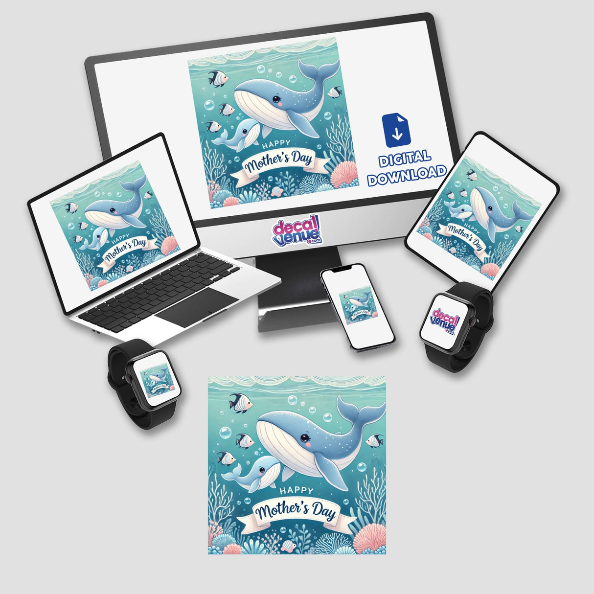 Happy Mothers Day Underwater Cartoon Whales Scene featuring a computer monitor and laptop displaying whimsical whales and fish, available as stickers or digital artwork from Decal Venue.