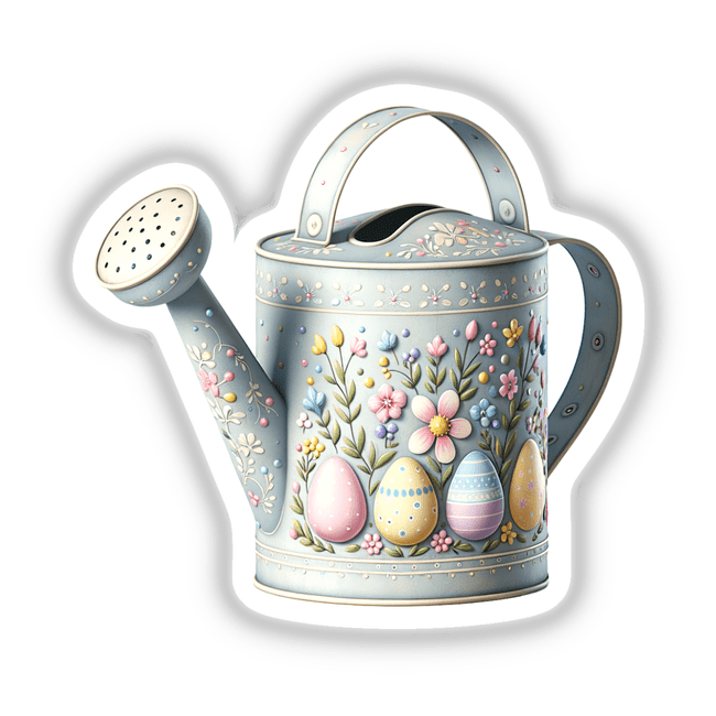 Easter Decorative Watering Can with Floral Design featuring painted eggs and flowers, available as stickers or digital artwork from Decal Venue, showcasing unique vinyl stickers and digital art.