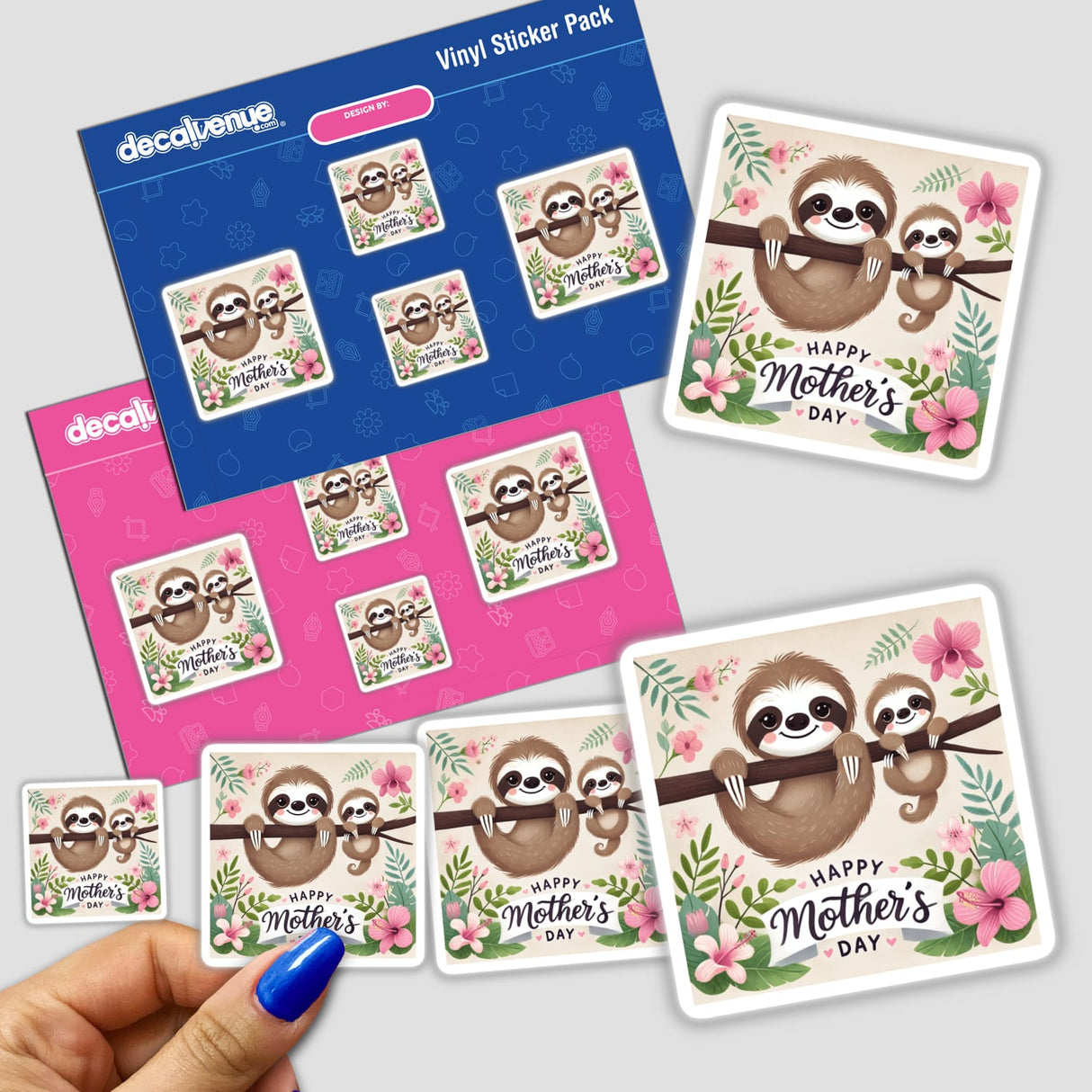 Two sloths on a branch with Happy Mothers Day text, available as stickers or digital artwork, capturing a playful and affectionate theme fitting Decal Venue's unique art style.