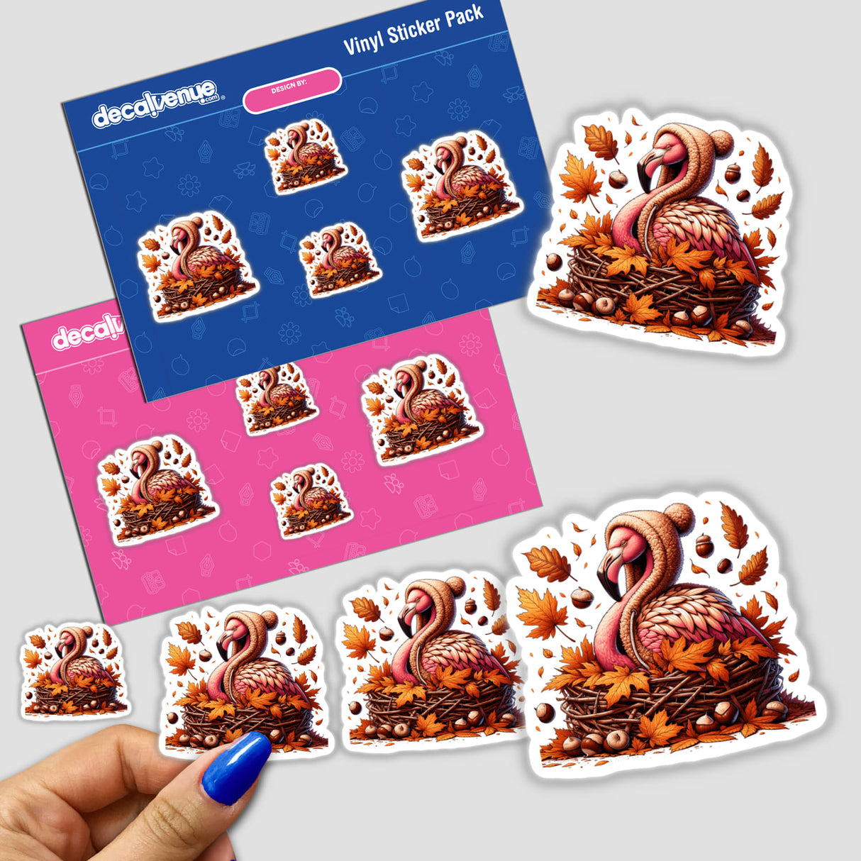 Autumn Flamingo in Cozy Sweater - A digital artwork featuring a flamingo in a cozy autumn-themed outfit, surrounded by leaves, acorns, and other fall elements. This sticker pack is available from the Decal Venue store, offering unique digital designs for self-expression.