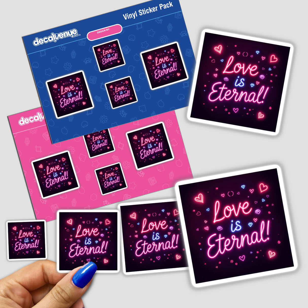Hand holding a Love is Eternal Neon Glow Design sticker pack, showcasing vibrant graphic elements. Available as stickers or digital artwork from Decal Venue's unique collection.