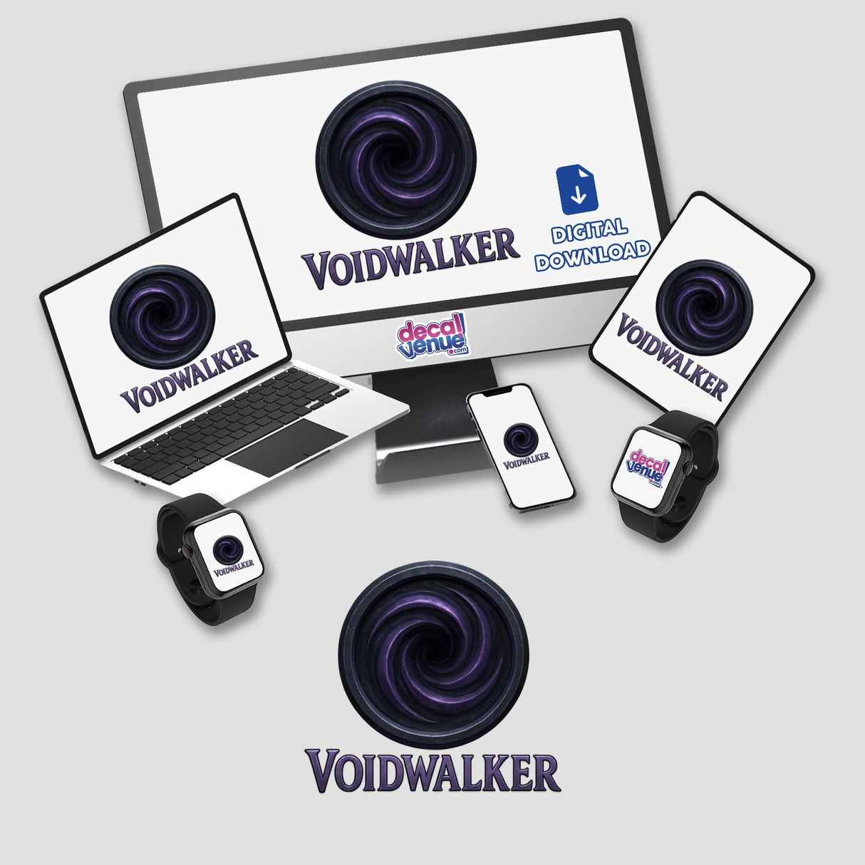 Voidwalker – RPG-Style Skill Badge features a dark silver vortex emblem, available as stickers or digital artwork, embodying Decal Venue's flair for unique vinyl designs and digital creations.